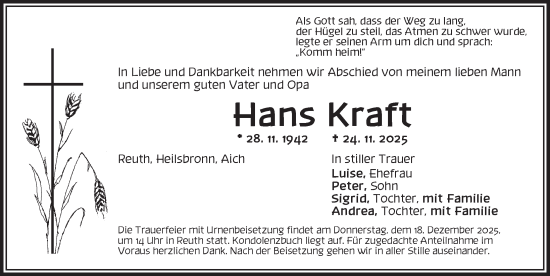 Traueranzeige von Hans Kraft von Ansbach