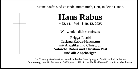Traueranzeige von Hans Rabus von Ansbach