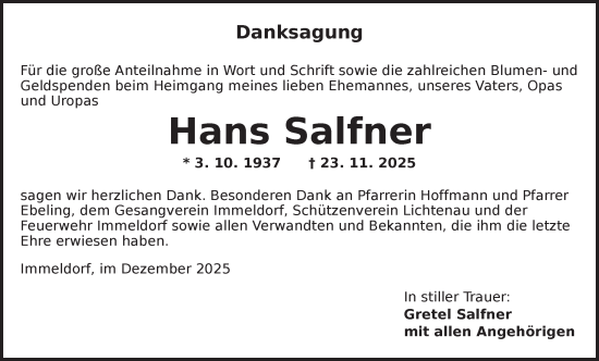 Traueranzeige von Hans Salfner von Ansbach