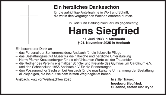 Traueranzeige von Hans Siegfried von Ansbach