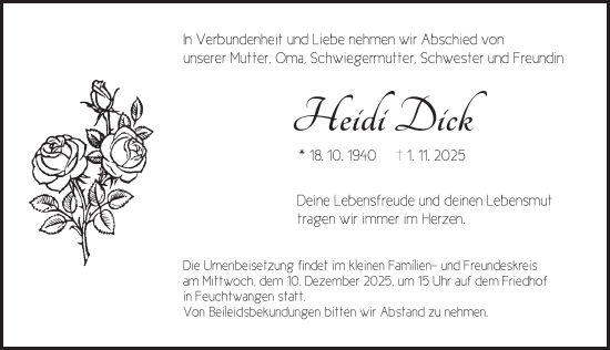 Traueranzeige von Heidi Dick von Dinkelsbühl/ Feuchtwangen
