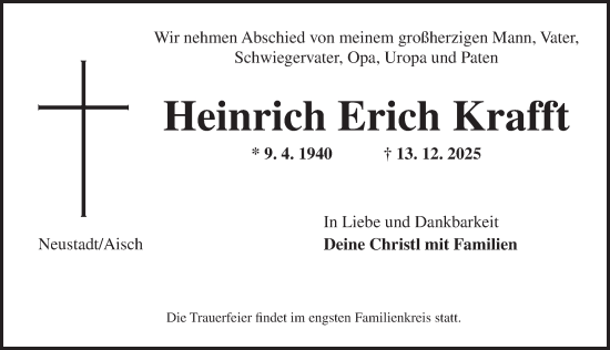 Traueranzeige von Heinrich Erich Krafft von Neustadt/ Scheinfeld/ Uffenheim