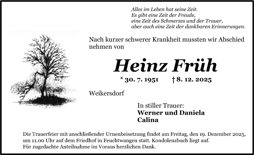  Traueranzeige für Heinz Früh vom 17.12.2025 aus Dinkelsbühl/ Feuchtwangen
