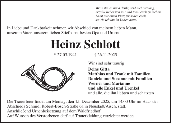Traueranzeige von Heinz Schlott von Neustadt/ Scheinfeld/ Uffenheim