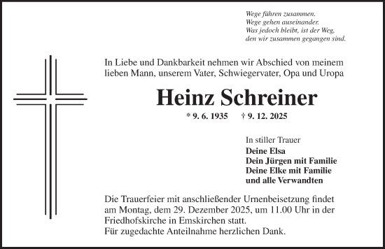 Traueranzeige von Heinz Schreiner von Neustadt/ Scheinfeld/ Uffenheim