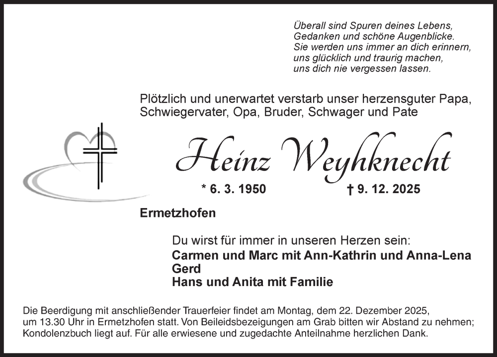  Traueranzeige für Heinz Weyhknecht vom 17.12.2025 aus Neustadt/ Scheinfeld/ Uffenheim