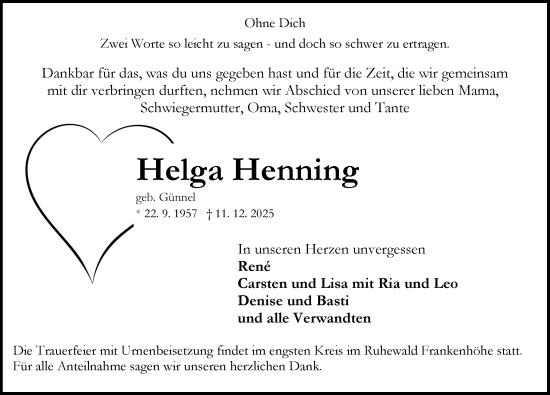 Traueranzeige von Helga Henning von Rothenburg
