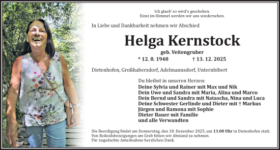 Traueranzeige von Helga Kernstock von Ansbach
