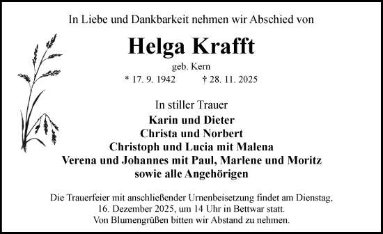 Traueranzeige von Helga Krafft von Rothenburg