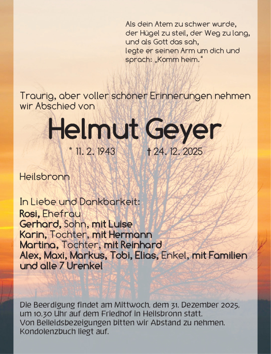 Traueranzeige von Helmut Geyer von Ansbach