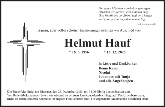 Traueranzeige von Helmut Hauf von Ansbach
