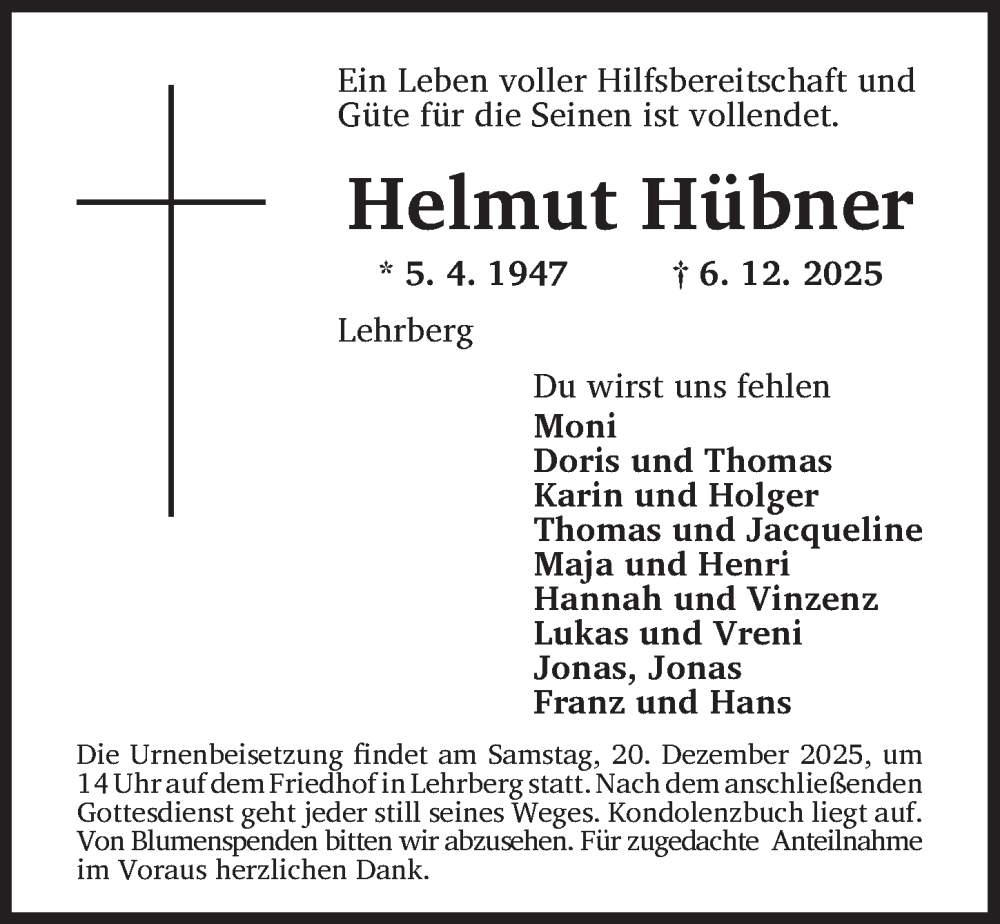  Traueranzeige für Helmut Hübner vom 16.12.2025 aus Ansbach