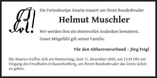 Traueranzeige von Helmut Muschler von Neustadt/ Scheinfeld/ Uffenheim