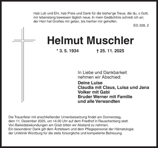 Traueranzeige von Helmut Muschler von Neustadt/ Scheinfeld/ Uffenheim