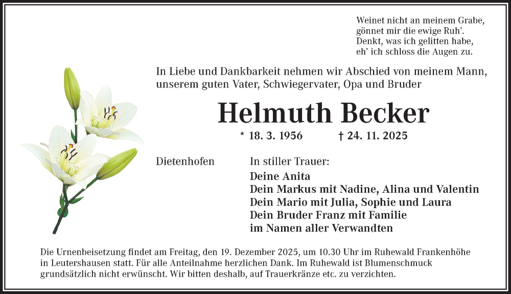  Traueranzeige für Helmuth Becker vom 13.12.2025 aus Ansbach