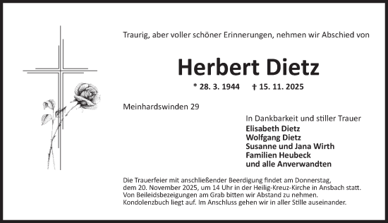Traueranzeige von Herbert Dietz von Ansbach