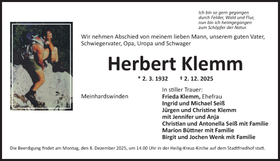 Traueranzeige von Herbert Klemm von Ansbach