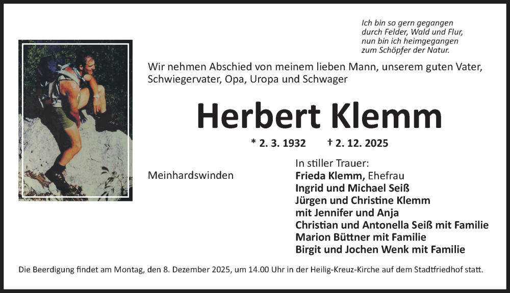  Traueranzeige für Herbert Klemm vom 05.12.2025 aus Ansbach