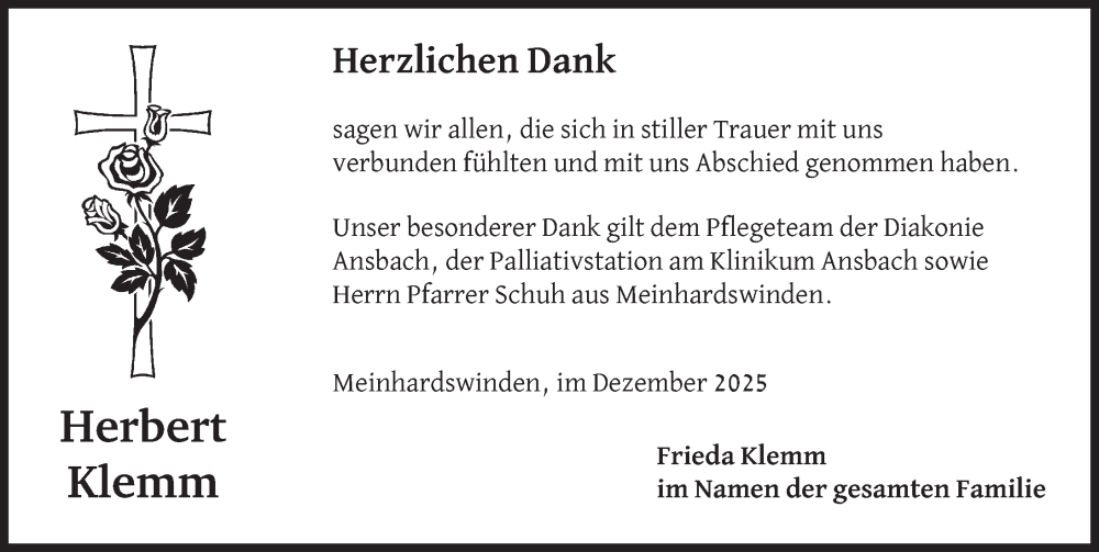  Traueranzeige für Herbert Klemm vom 12.12.2025 aus Ansbach