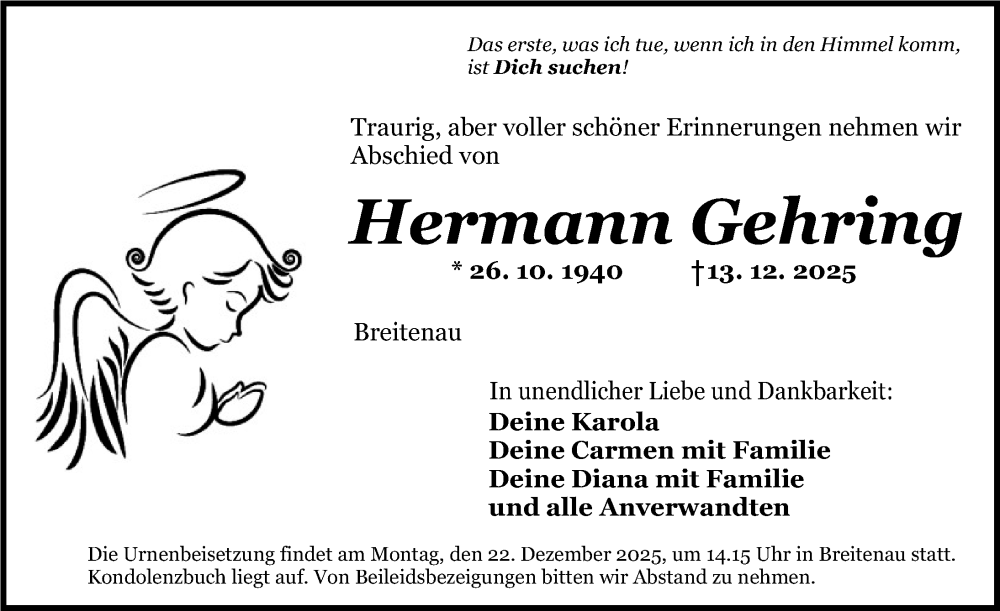  Traueranzeige für Hermann Gehring vom 20.12.2025 aus Dinkelsbühl/ Feuchtwangen