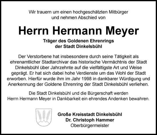 Traueranzeige von Hermann Meyer von Dinkelsbühl/ Feuchtwangen