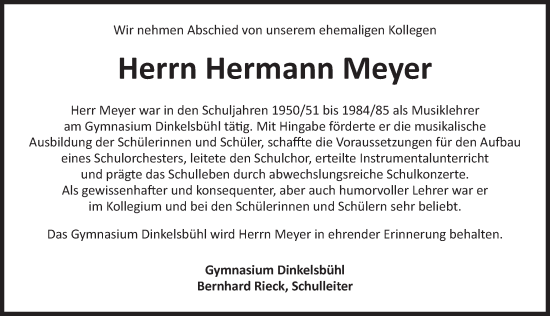 Traueranzeige von Hermann Meyer von Dinkelsbühl/ Feuchtwangen