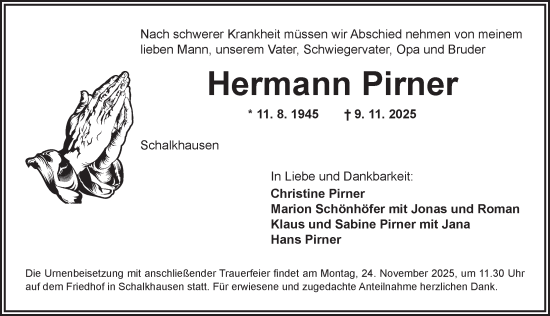 Traueranzeige von Hermann Pirner von Ansbach