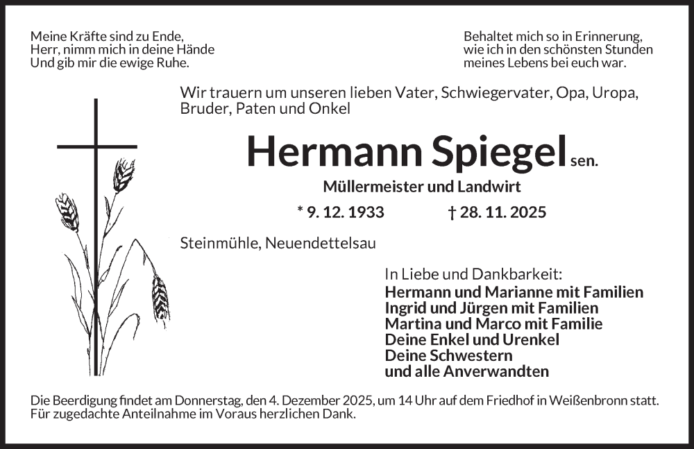 Traueranzeige für Hermann Spiegel vom 02.12.2025 aus Ansbach