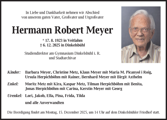 Traueranzeige von Hermann Robert Meyer von Dinkelsbühl/ Feuchtwangen
