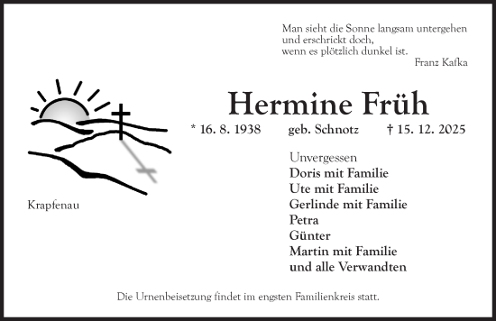 Traueranzeige von Hermine Früh von Dinkelsbühl/ Feuchtwangen