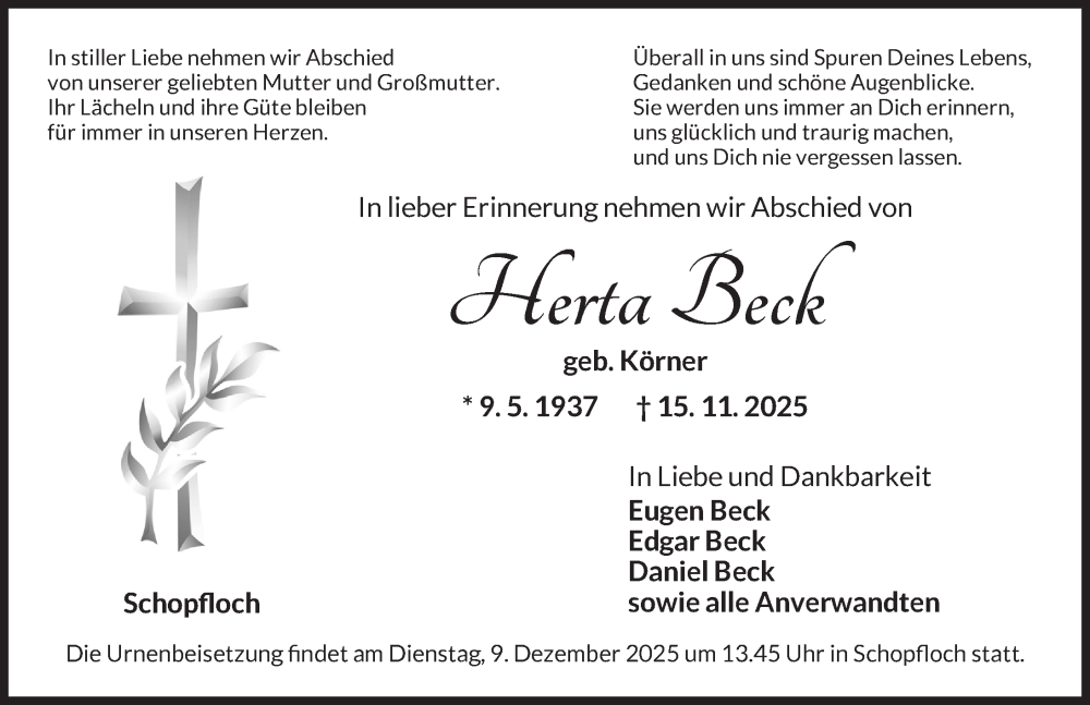  Traueranzeige für Herta Beck vom 06.12.2025 aus Dinkelsbühl/ Feuchtwangen
