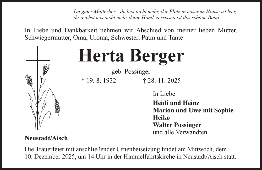  Traueranzeige für Herta Berger vom 06.12.2025 aus Neustadt/ Scheinfeld/ Uffenheim