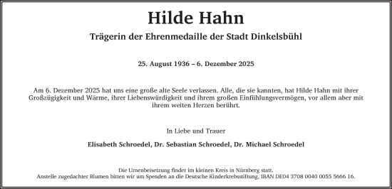 Traueranzeige von Hilde Hahn von Dinkelsbühl/ Feuchtwangen