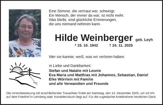 Traueranzeige von Hilde Weinberger von Ansbach