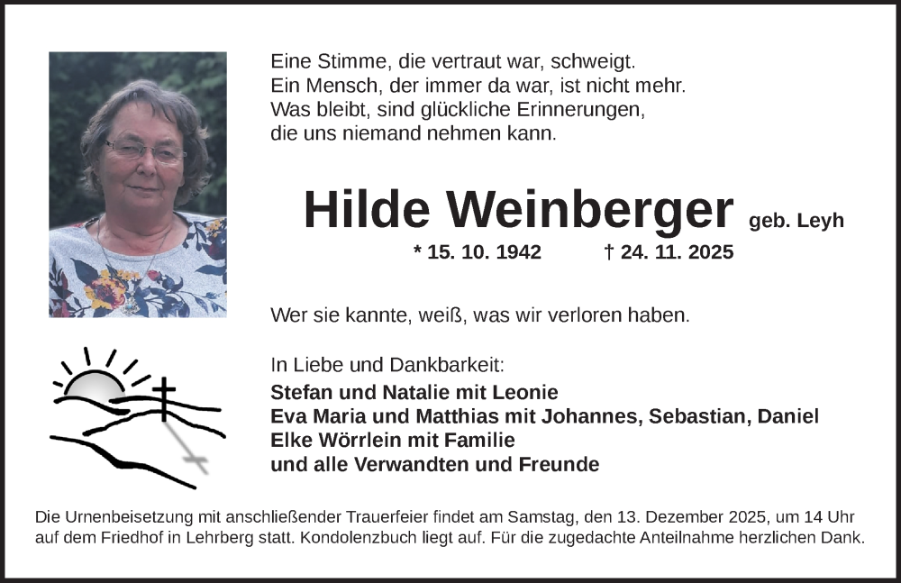 Traueranzeige für Hilde Weinberger vom 10.12.2025 aus Ansbach