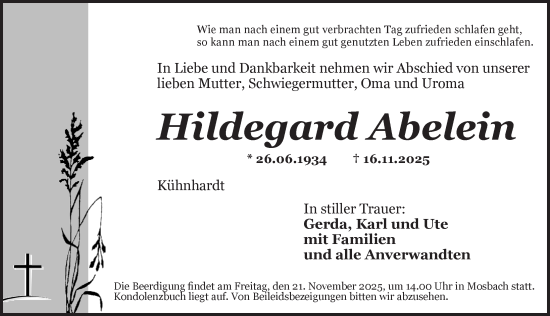 Traueranzeige von Hildegard Abelein von Dinkelsbühl/ Feuchtwangen