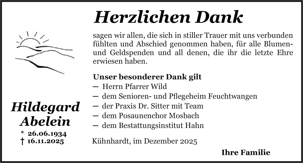  Traueranzeige für Hildegard Abelein vom 09.12.2025 aus Dinkelsbühl/ Feuchtwangen