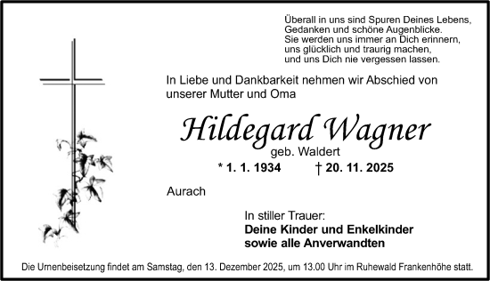 Traueranzeige von Hildegard Wagner von Ansbach