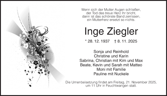 Traueranzeige von Inge Ziegler von Dinkelsbühl/ Feuchtwangen