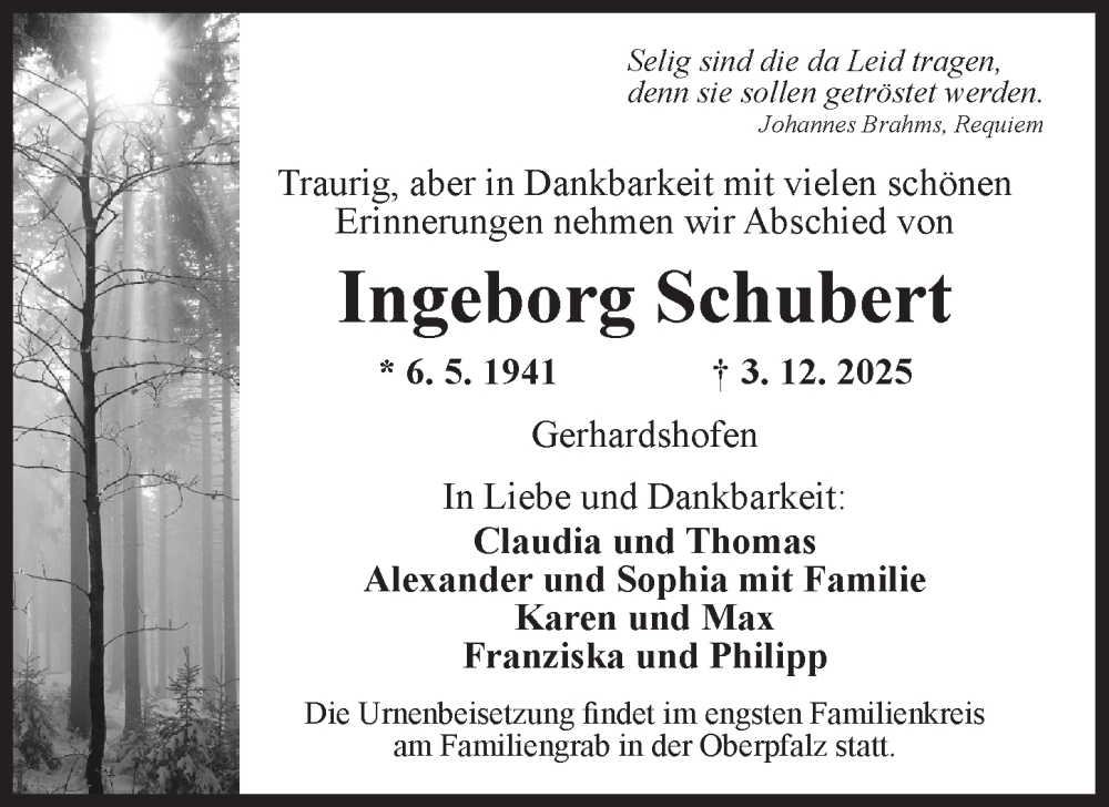  Traueranzeige für Ingeborg Schubert vom 06.12.2025 aus Neustadt/ Scheinfeld/ Uffenheim