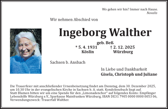 Traueranzeige von Ingeborg Walther von Ansbach