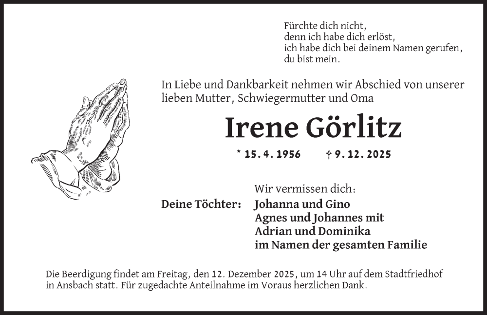  Traueranzeige für Irene Görlitz vom 10.12.2025 aus Ansbach