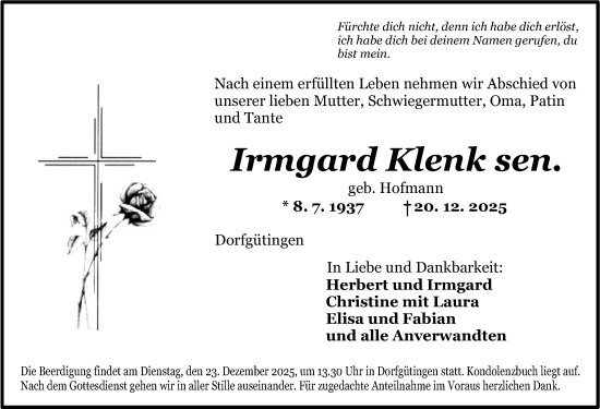Traueranzeige von Irmgard Klenk von Dinkelsbühl/ Feuchtwangen