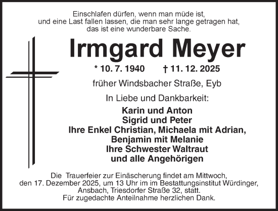 Traueranzeige von Irmgard Meyer von Ansbach