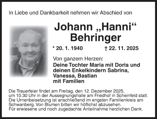 Traueranzeige von Johann Behringer von Neustadt/ Scheinfeld/ Uffenheim