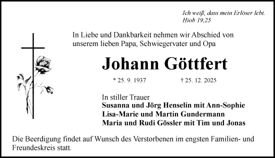 Traueranzeige von Johann Göttfert von Rothenburg