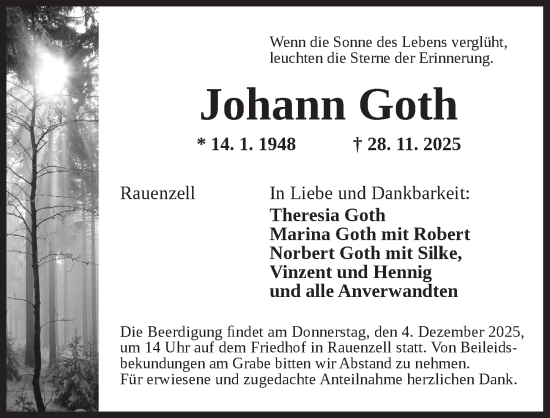 Traueranzeige von Johann Goth von Ansbach