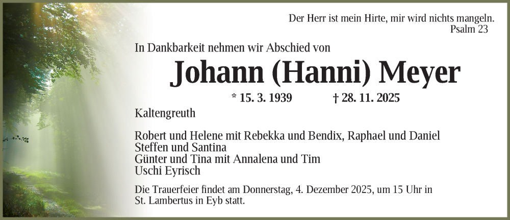  Traueranzeige für Johann Meyer vom 02.12.2025 aus Ansbach
