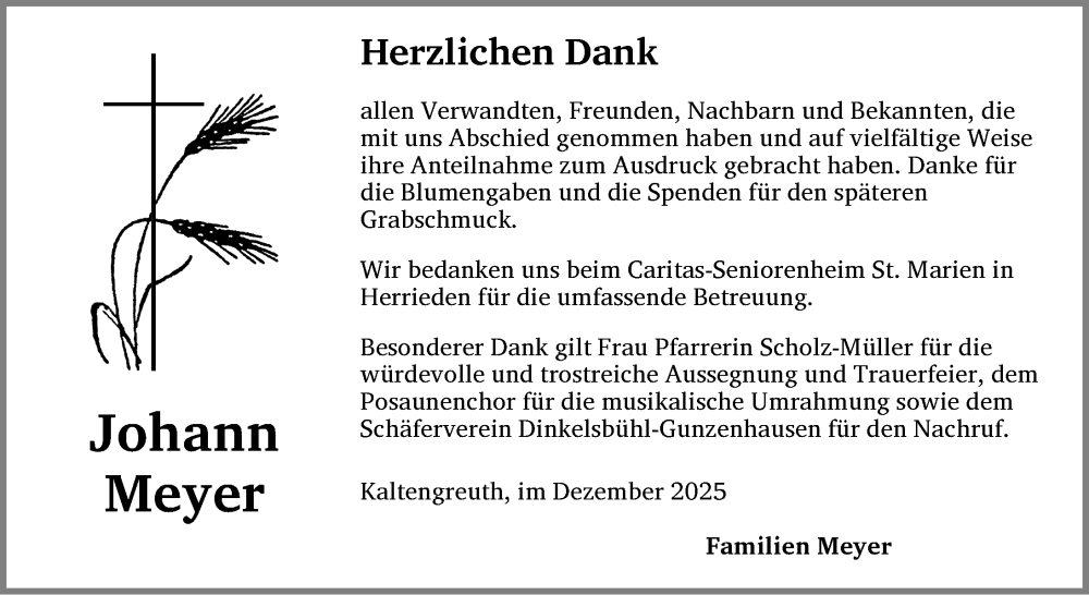  Traueranzeige für Johann Meyer vom 20.12.2025 aus Ansbach