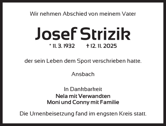 Traueranzeige von Josef Strizik von Ansbach